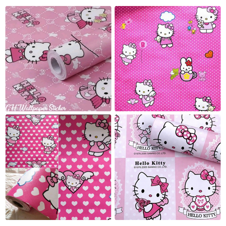 วอลเปเปอร์ติดผนังห้องนอนเด็กผู้หญิง Hello Kitty สีชมพูสติ๊กเกอร์ติดผนังวอลเปเปอร์