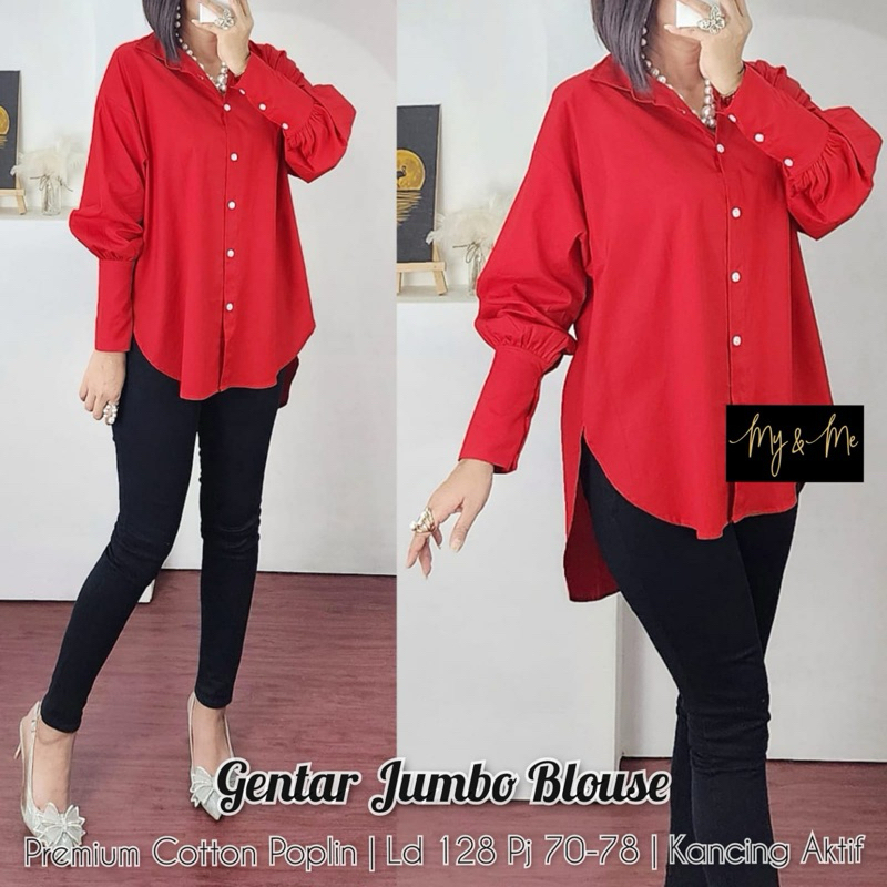 Kemeja KATUN PUTIH MERAH Gentar BLOUSE JUMBO - เสื้อเชิ้ตผ้าฝ้ายและผ้าลินินธรรมดาของผู้หญิงสีแดงและส