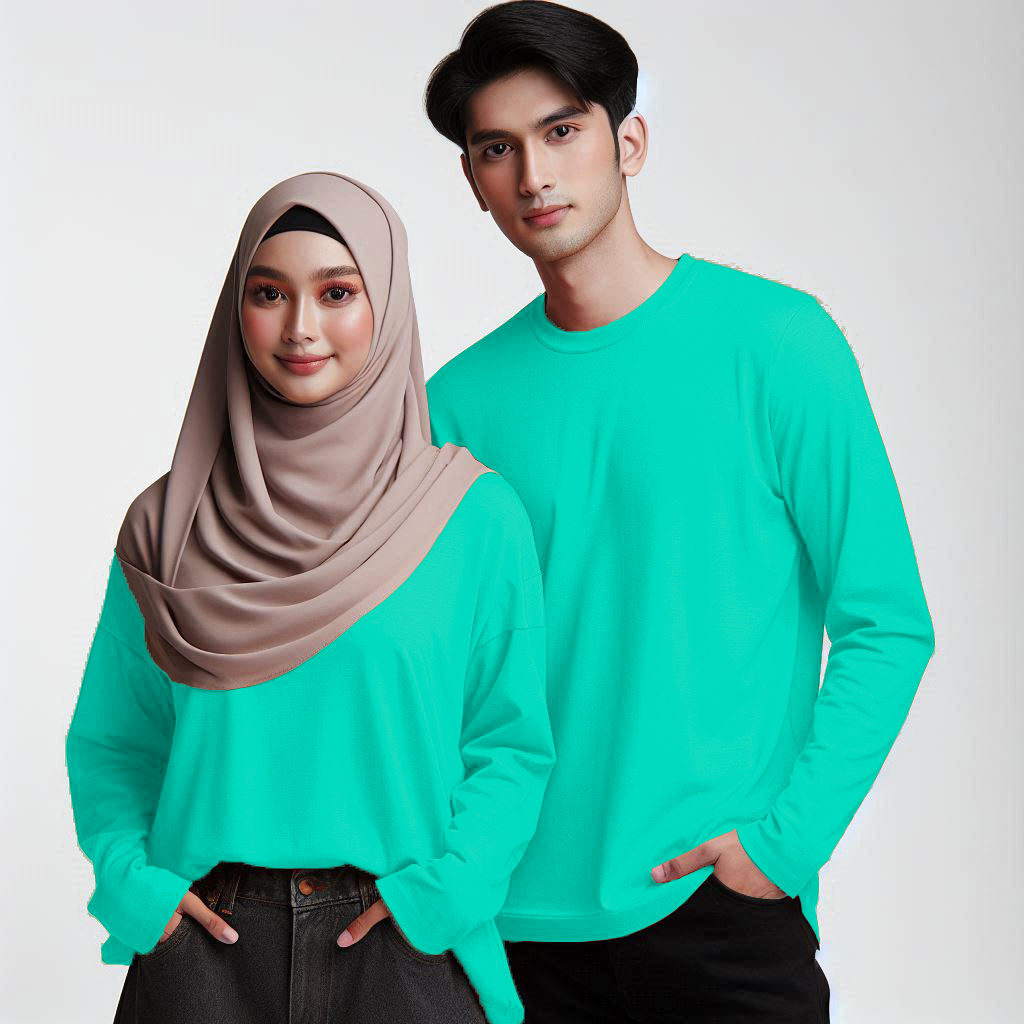 Hijau Tosca เสื้อยืดสีเขียวแขนยาวธรรมดา Tosca เสื้อยืดผู้ชาย Tosca เสื้อยืดผู้หญิง