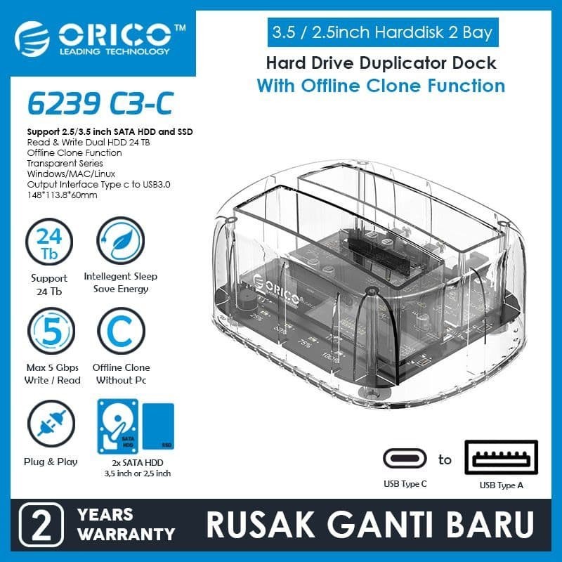 ORICO HDD Docking 2 Bay 2.5 / 3.5inch Type-C Transparent - 6239C3-C