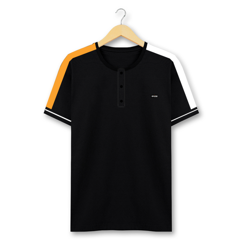Ryusei Mens Kurokami Button CMB เสื้อยืดสีดํา