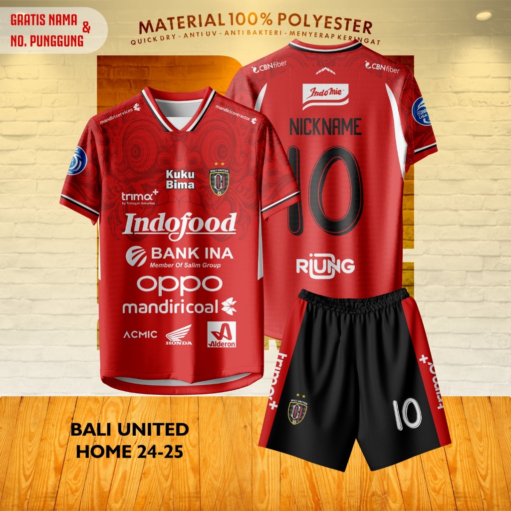 Merah Jersey เสื้อยืด Tops สําหรับผู้สนับสนุน BALI UNITED HOME สีแดง 2024/2025