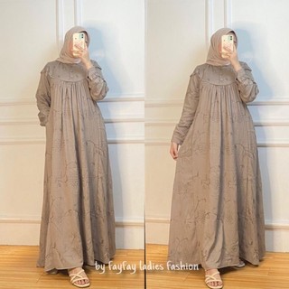 Fay Fay Amanda Baju Gamis Maxi Dress Muslim Polo Linen Full Bordir Premium High Quality Kancing Depan