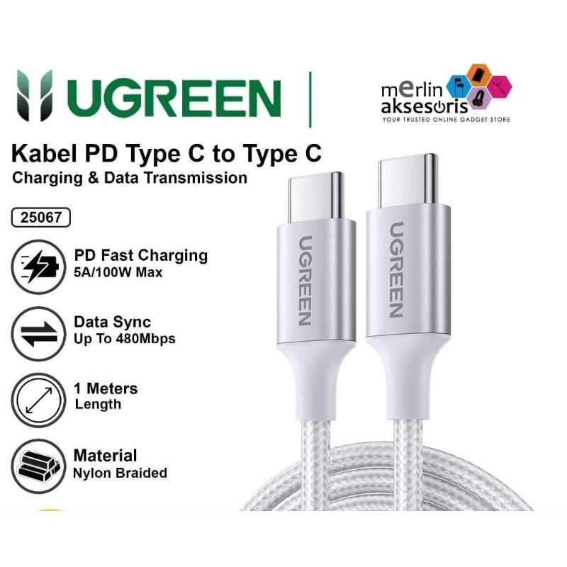 Ugreen 25067(100W)/25057(80W) สาย C to C 100W ไนลอน 1M สีขาว