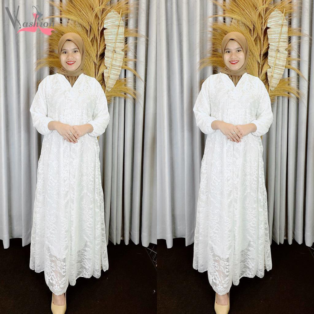 ชุดเดรสกระเบื้อง Katbol สีขาวธรรมดาดอกไม้ Kartini A-Line เสื้อผ้ามุสลิม Vima 75385