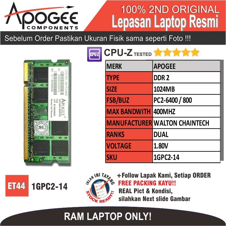 ET44 1GPC2-14 RAM MEMORY RAM แล็ปท็อป APOGEE PC2-6400 1024MB DUAL