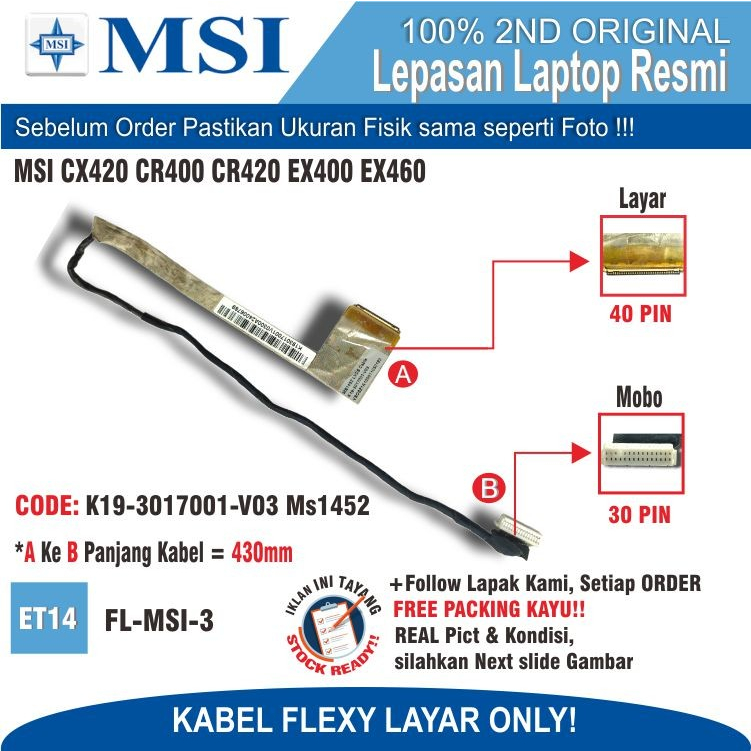 LAYAR ET14 FL-MSI-3 LVDS หน้าจอยืดหยุ่น MSI CX420 CR400 CR420 EX400 EX460