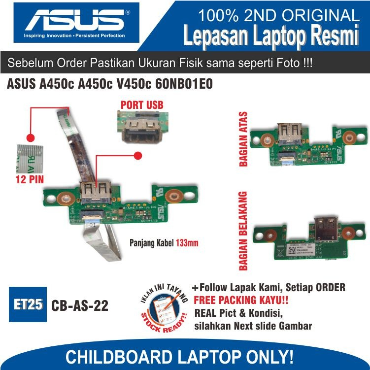 ET25 CB-AS-22 Usb Childboard ASUS A450c A450c V450c 60NB01E0