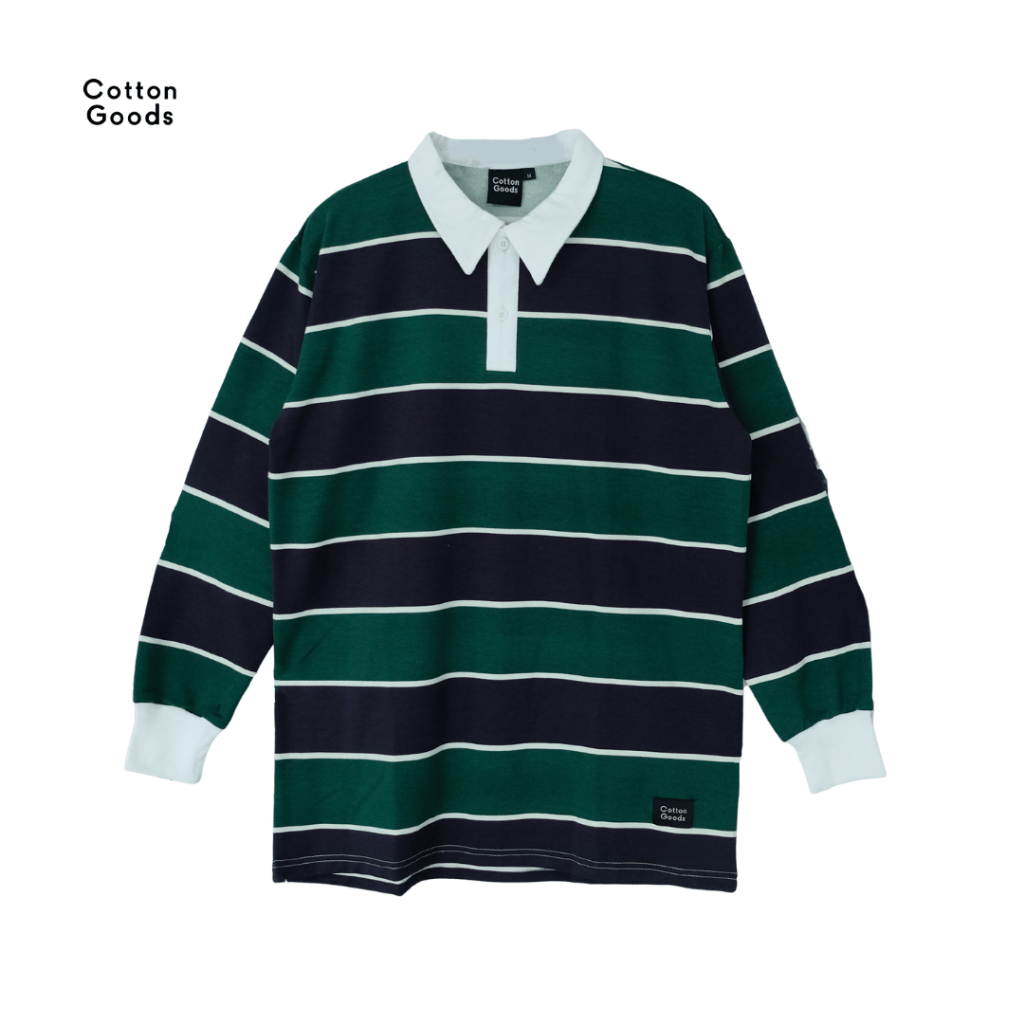 สินค้าผ้าฝ้าย Kaos Panjang ลาย Vintage Rugby เสื้อโปโล Twill Spandex แขนยาว Claes Navy สีเขียวสีขาว Tees