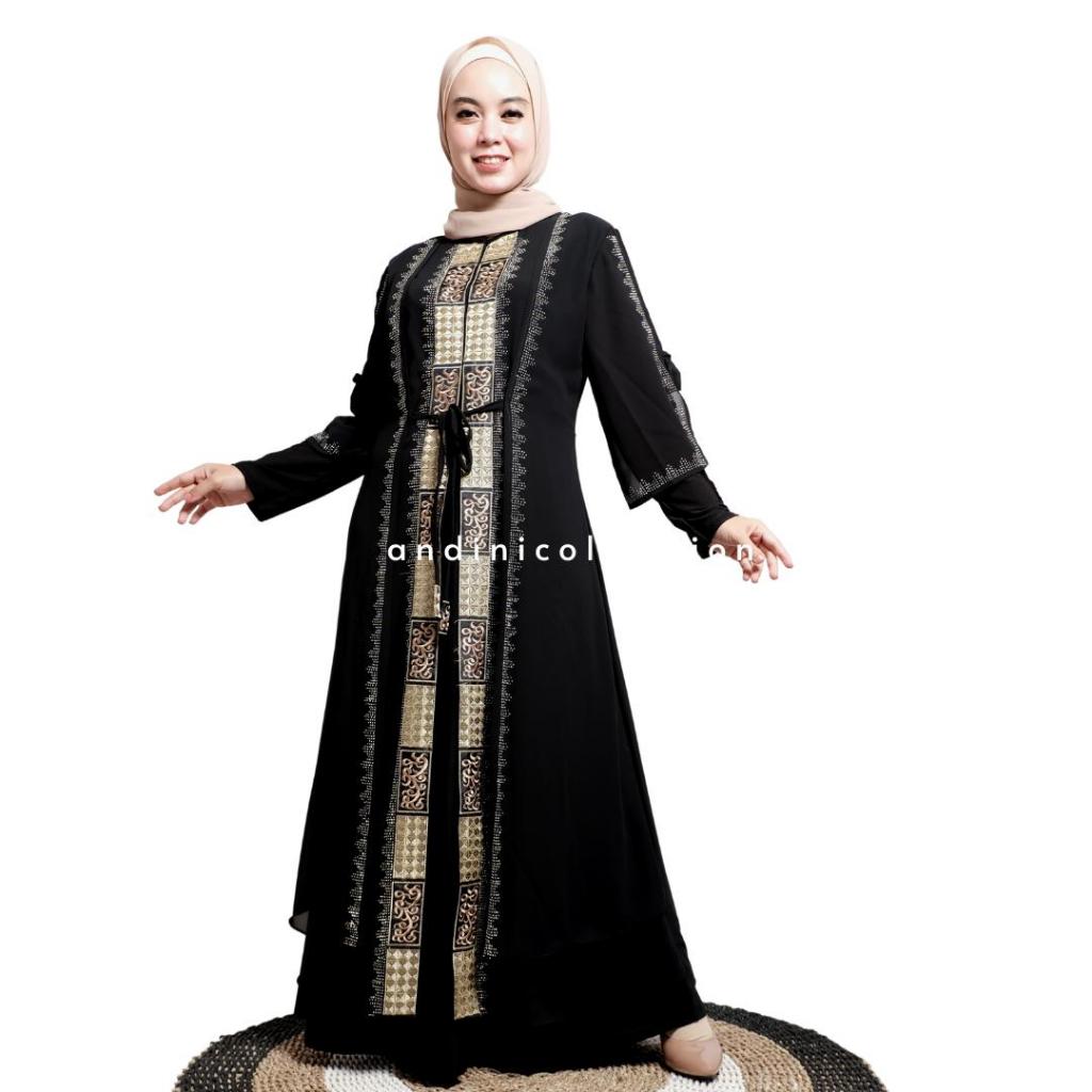 Putih HITAM Andinicollection Abaya ตุรกี 127 Amarta สีดําและสีขาวผู้ใหญ่มุสลิมหรูหราเย็บปักถักร้อยและเลื่อม