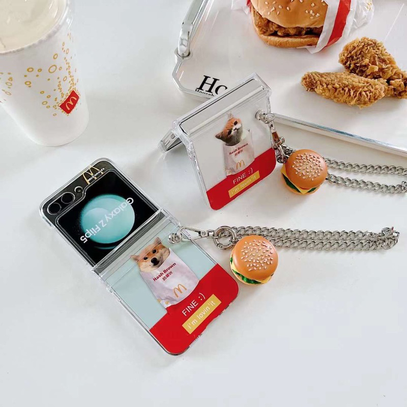 เคสใหม่น่ารัก Mcd Mc Donald Buns Burger ไก่แมวสุนัขน่ารักพร้อมโซ่ Samsung Z Flip 5 4 3 น่ารัก ZFLIP5