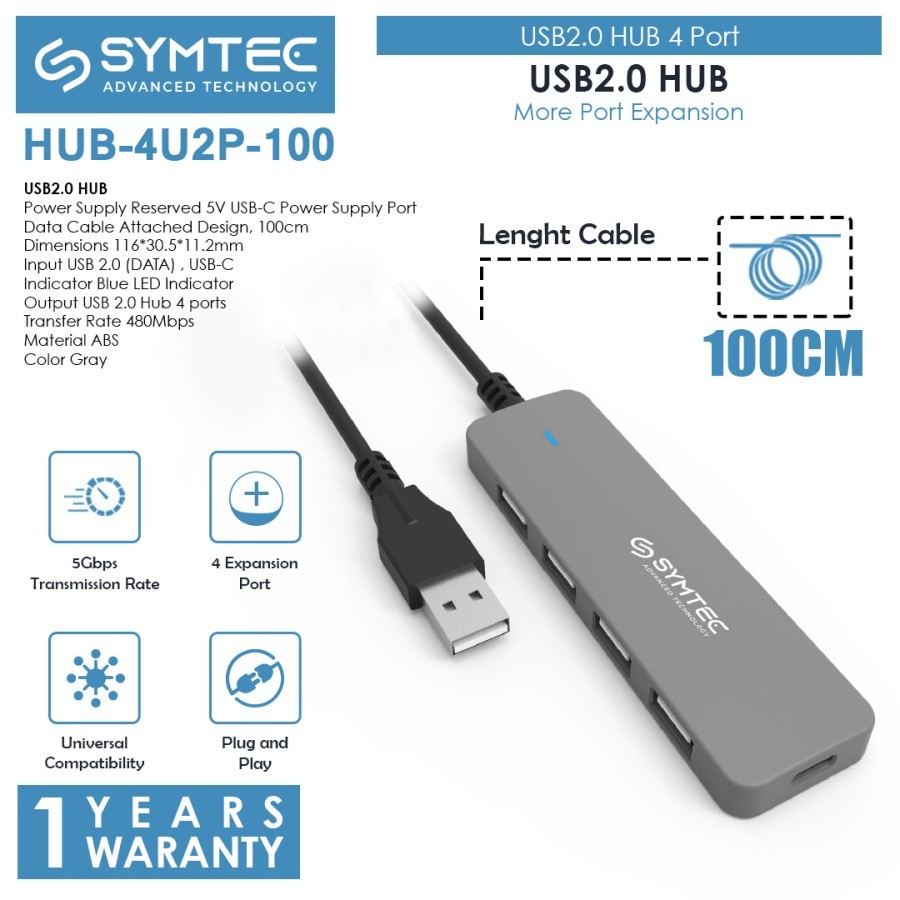 SYMTEC USB 2.0 Hub 4 พอร์ต พร้อมพอร์ตชาร์จ Type-c - HUB-4U2P