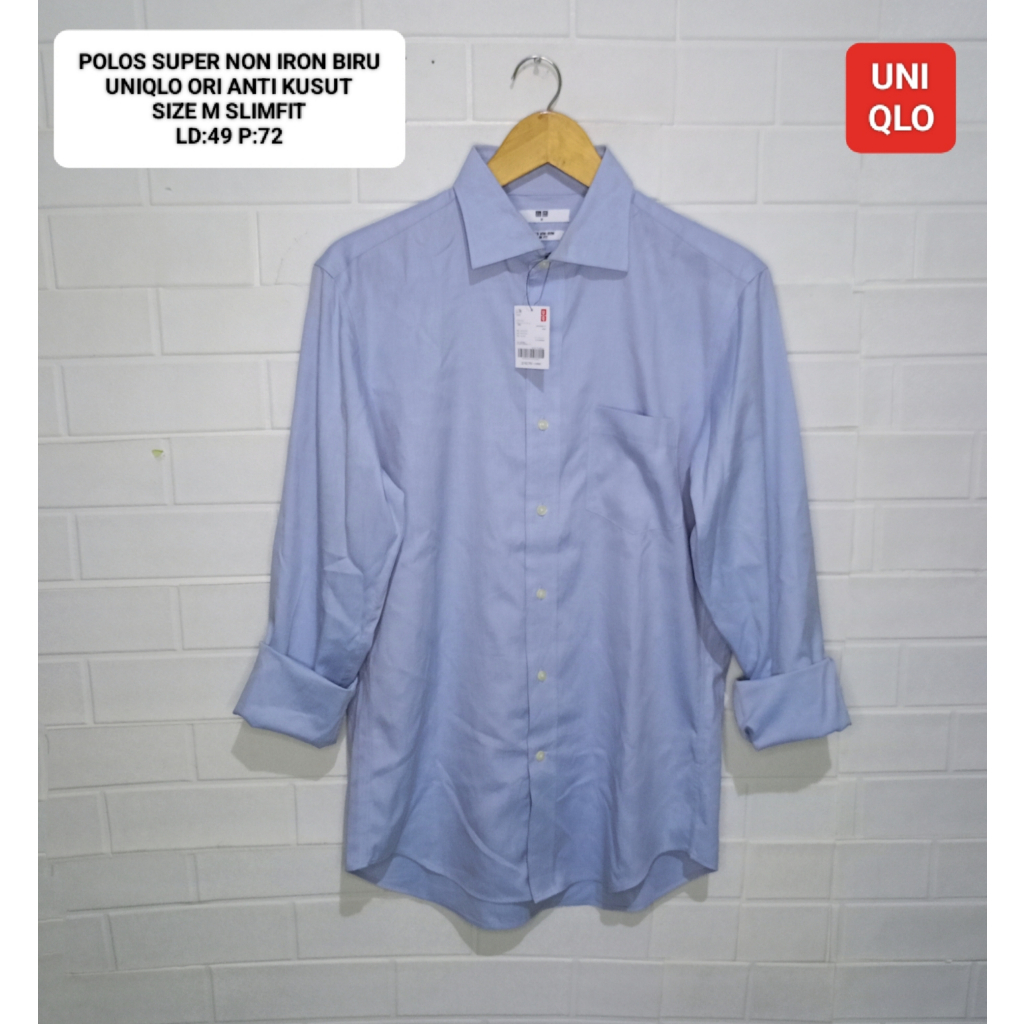 Kemeja Uniqlo SUPER NON IRON Blue BASIC Shirt SIZE M SLIMFIT