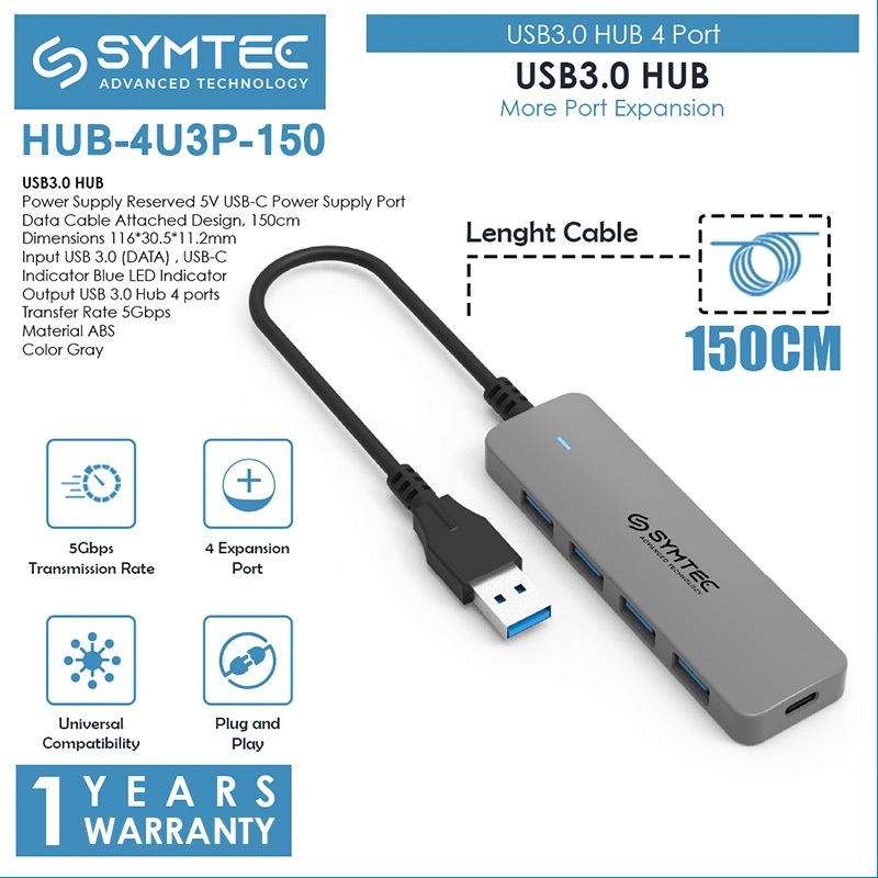 SYMTEC USB 3.0 Hub 4 พอร์ตพร้อมพอร์ตชาร์จ Type-c 150ซม. - HUB-4U3P-150