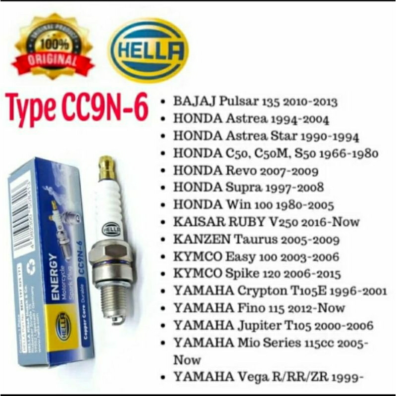 หัวเทียน HELLA CC9N-6 สําหรับ Honda Grand/Revo/Supra X/Supra Fit/Legenda/Win Motorcycles