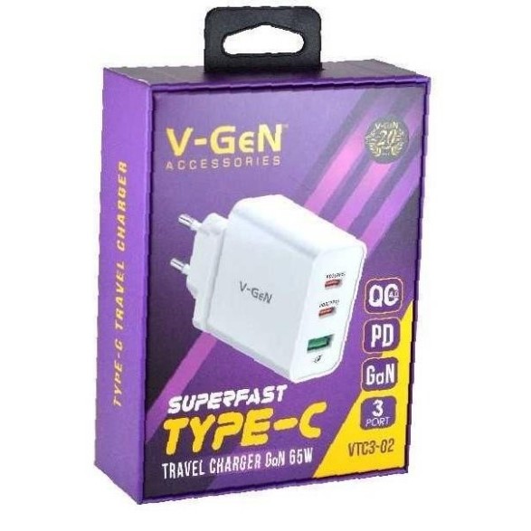 V-GEN VTC3-02 FAST CHARGING 2 PD QC4.0 TYPE C CHARGER ADAPTER GAN 65W 2002J
