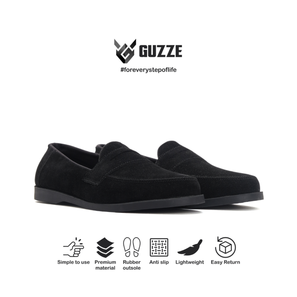 Guzze Amber Black Casual Mens Suede Slip On รองเท้าโลฟเฟอร์