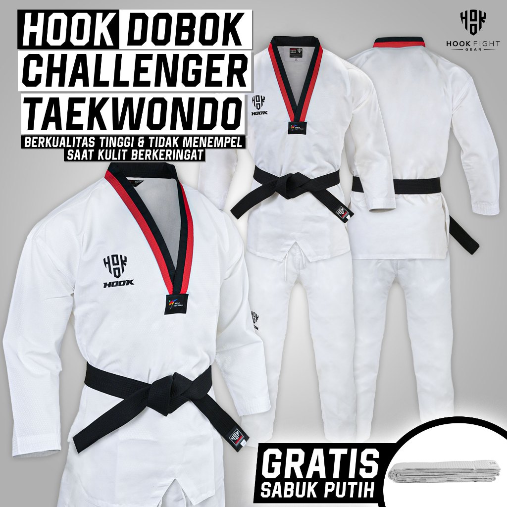 MERAH Taekwondo Uniform Red Black Collar Hook Dobok Taekwondo Fighter Hook Uniform