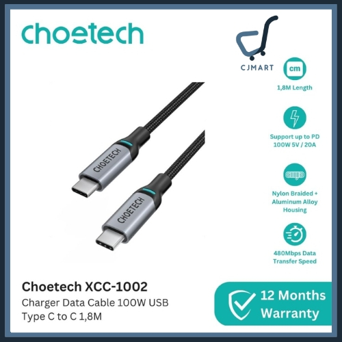 Choetech XCC-1002 สายชาร์จ 100W 5A PD USB Type C เป็น C 1.8 ม. 180 ซม.