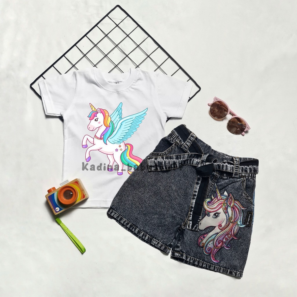 (ราคาหน่วย) GIRLS JEANS SET/ HOTPANTS JEANS SNOW BLACK LED MINNIE MOUSE UNICORN LOL