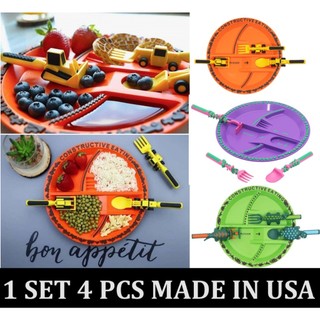 4IN1 1 SET 4 PCS Set alat makan anak laki laki perempuan creatively Sensory dining set made in USA constructive fork spoon plate sendok piring garpu terapi therapy cewek cowok toys truck truk fairy dino dinosaurus Picky eater autism adhd kebutuhan khusus