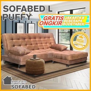 Sofa Bed L Puffy Brown Coklat Reclining + Puff Premium Recline Minimalis Modern Tempat Tidur Kasur Lipat Apartemen Sofabed Ruang Tamu
