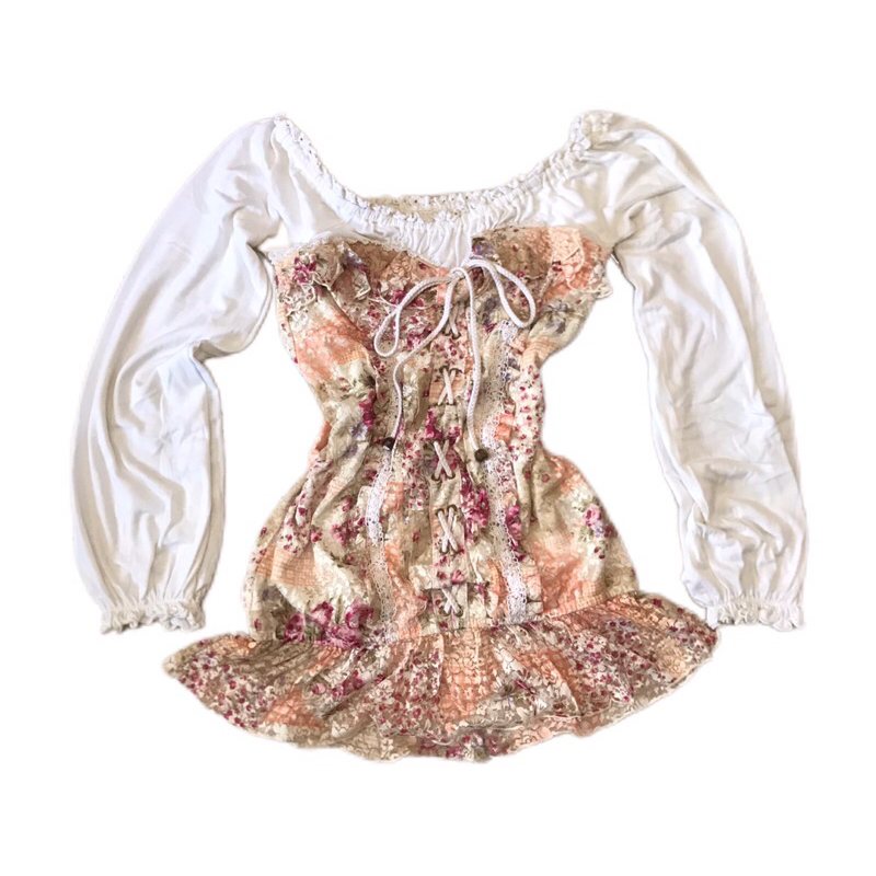 Y2k/วินเทจ/Grunge/Coquette/Fairycore/Dolete Liz Liza กระโปรงลูกไม้พร้อมสายเชือก ✨