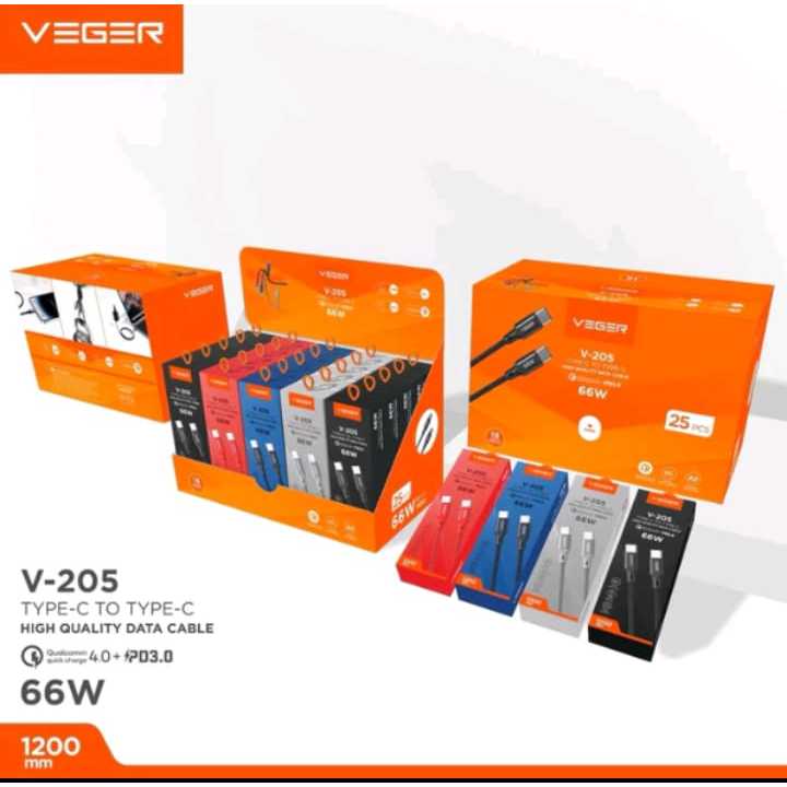 VEGER V205 สาย USB-C ถึง USB-C / VEGER V205 66W TYPE 120 ซม. สายเคเบิลข้อมูล