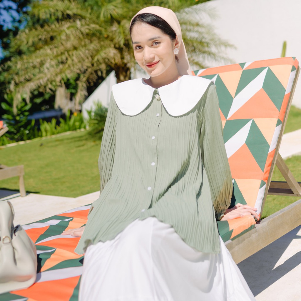 KEMEJA HijabChic Eila Sage Tops - เสื้อมุสลิมคอปกกว้างที่สวยงามพร้อมแขน Pof ให้นมบุตร