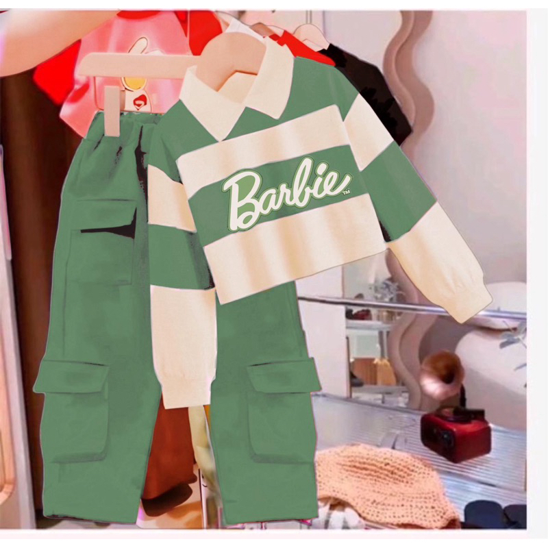 เสื้อผ้าเด็กผู้หญิง Barbiie Pattern Setrip Cargo Pants Crop Sweater Suit For Children ล่าสุด