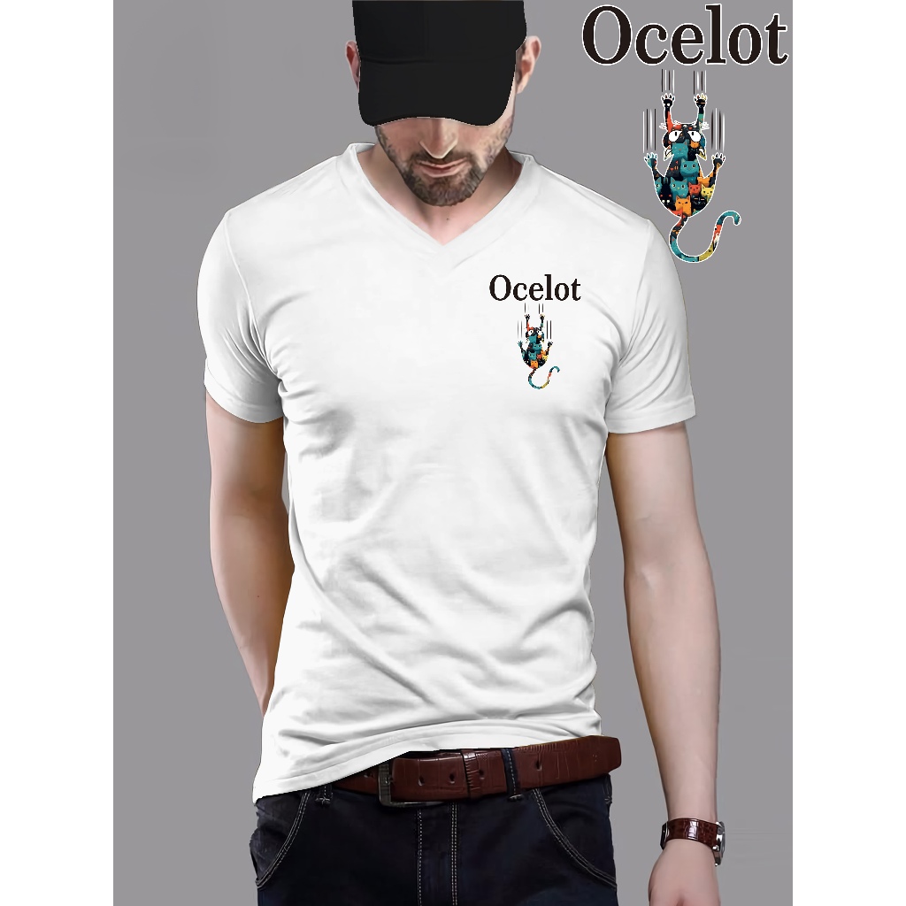 เสื้อยืดคอวีผู้ชาย/ผู้หญิง, วัสดุสําหรับผู้ใหญ่ Distro, Pe 24s, Ocelot motif