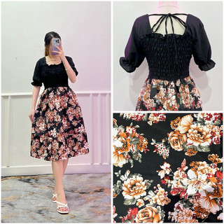 RD FASHION - JIWON DRESS COMBINASI / Gaun musim panas kasual baru Lengan pendek smocked dress lipit bunga dengan dasi belakang / gaun kasual A-line gaun smocked berlipat bunga lengan pendek