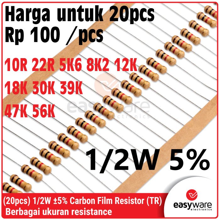 ตัวต้านทานฟิล์มคาร์บอน 20x 1/2W 5% 1R 1R2 1R5 1R8 2R2 2R7 3R3 3R9 4R7 5R6