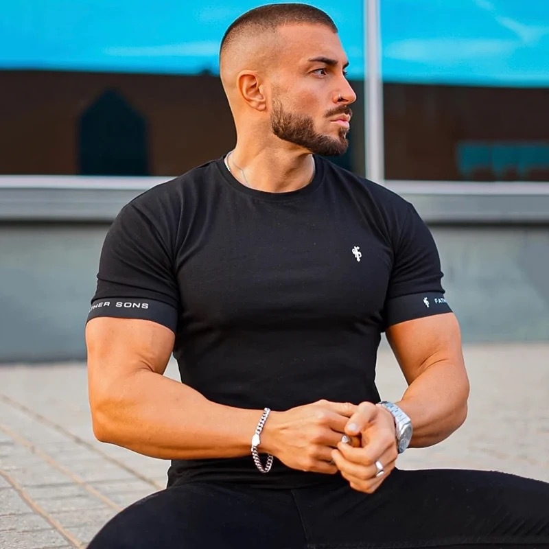 เสื้อยืด Fatherson เสื้อผ้าผู้ชาย Tops BODYFIT MUSCLEFIT Elastic Spandex