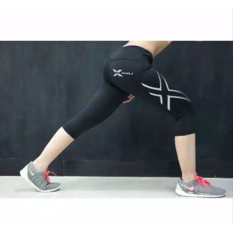 CAPRI 7/8 SPORT LEGGINGS สําหรับผู้ชาย/ผู้หญิงสีดํา GYM โลโก้ X FITNESS โยคะวิ่ง BIKING