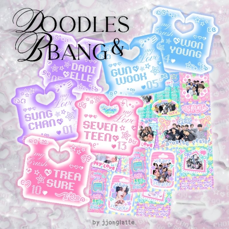 สติ๊กเกอร์ Doodle Purikura Frame & Bbang สติ๊กเกอร์ Glitter ขนมปังแบบกําหนดเองคลิปชื่อสีชมพูสีฟ้าสีม