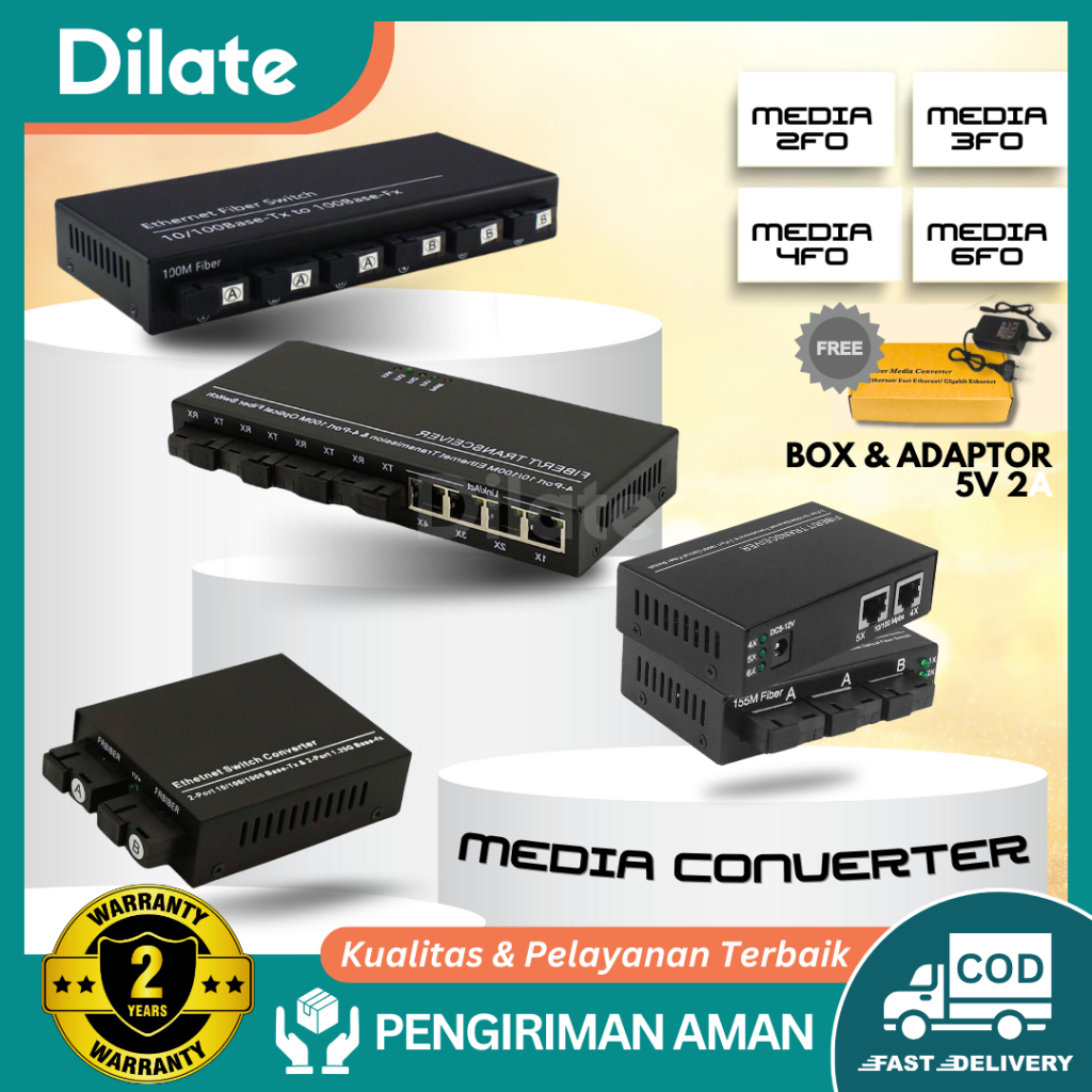 Media Converter 10/100M 6 พอร์ต FO 2 พอร์ต LAN Ethernet Fiber Switch Optical 2 RJ45 พร้อมอะแดปเตอร์ 