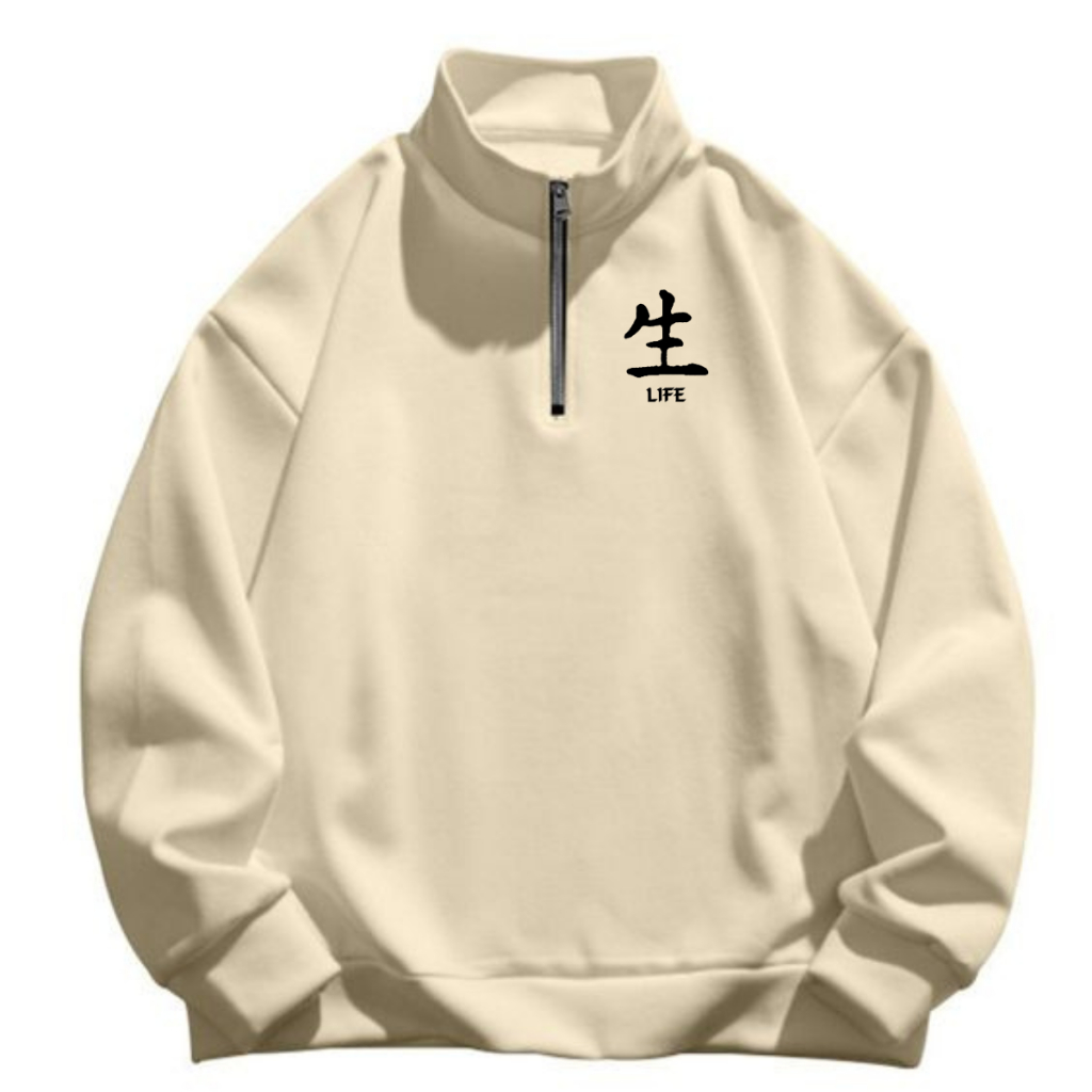 Half Zip Cream Life Japan Distro Logo Simple/Unisex Premium Zipper Sweater (ผู้ชายผู้หญิง)/เสื้อกันหนาวร่วมร่วมสมัย