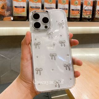 Mini Ribbon Case For Iphone (7 - 16) 7 8 SE 2020 2022 PLUS X XS XR 11 12 13 14 15 16 PRO MAX Casing Lucu Silver Holo Casing