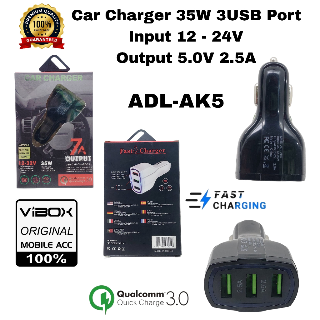 Vibox ADL-AK5 Car Charger 3Port 35w Universal Car / Motorcycle Charger 3 Usb Original [RSJ]