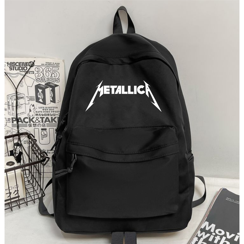 กระเป๋าเป้ผู้ชายมีแถบโลหะ ACDC METALLICA กระเป๋าเป้แฟชั่นเด็กนักเรียนล่าสุด