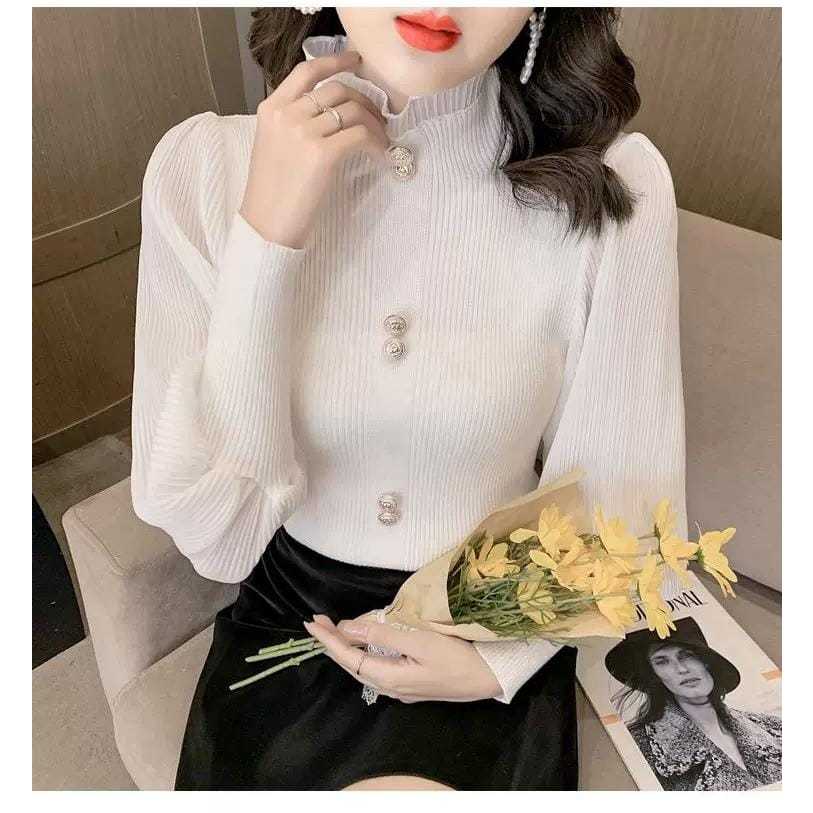 LADY COLLECTION - เสื้อเบลาส์ผ้าถักคอเต่าผู้หญิงแขนบอลลูนยาว E01