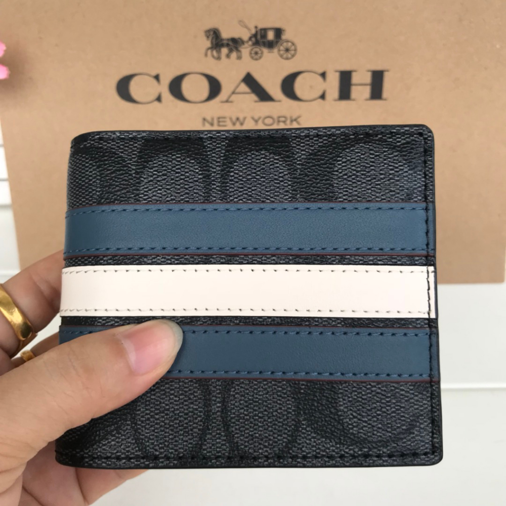 Coach [F26072] กระเป๋าสตางค์ ใบสั้น หนัง PVC ลายทาง สีตัดกัน สําหรับผู้ชาย ขนาด 12*2*10