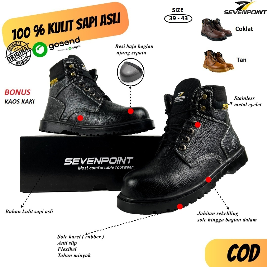 รองเท้าเซฟตี้ผู้ชาย รองเท้าหนังวัวแท้ Original Sevenpoint Sepi ติดตาม Steel Toe Outdoor Field Work P
