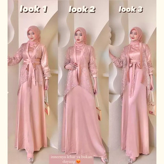 Veloxa Dress Fuji 3 In 1 Dress satu Set Inner Outer Kimono Queenbee Fashion Gamis Muslim Wanita