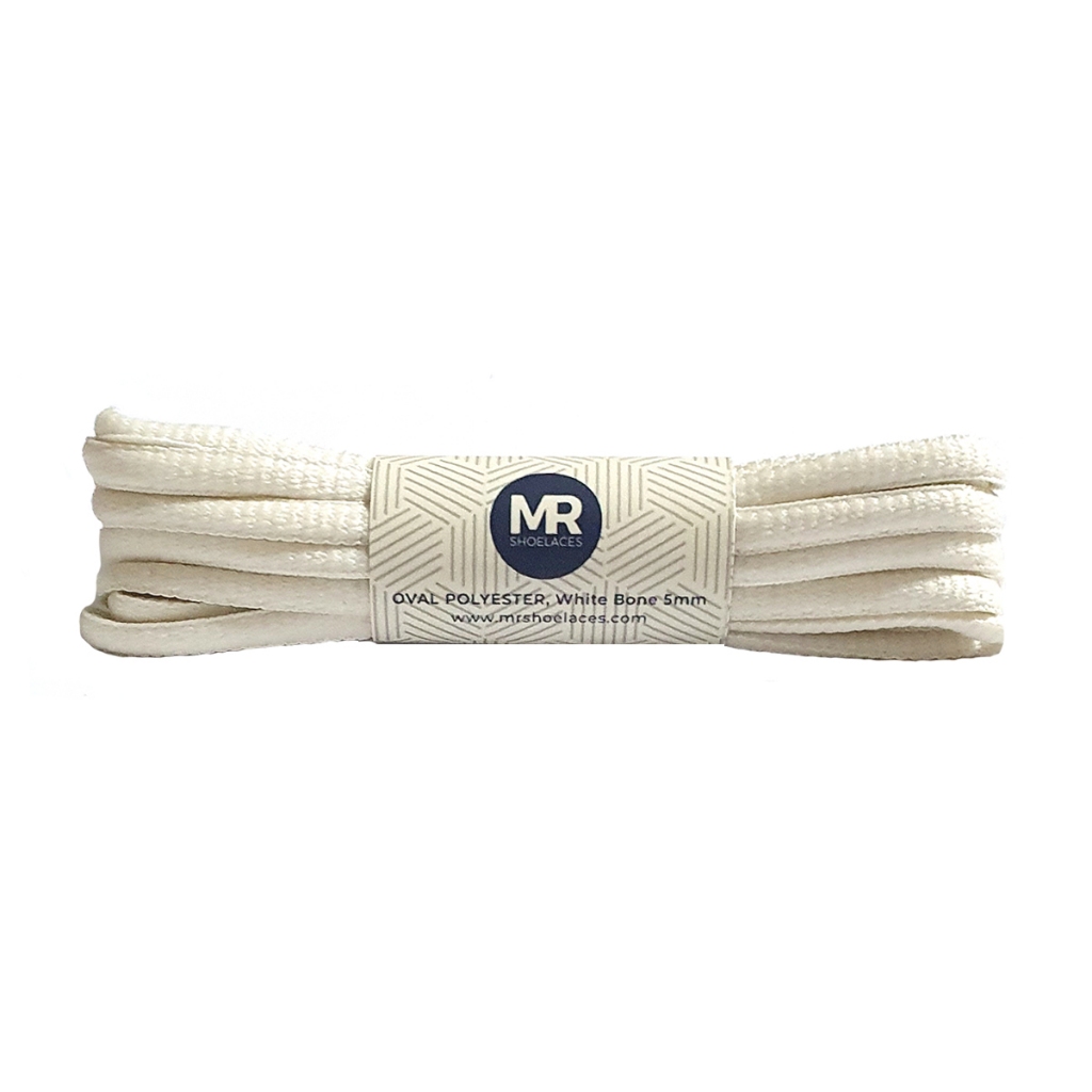 Putih Mr Shoelaces OP03 Bone White (กระดูกสีขาว) เชือกผูกรองเท้าโพลีเอสเตอร์ ทรงวงรี 5 มม. - ความยาวสาย 80 ซม. 90 ซม. 100 ซม. 120 ซม. 130 ซม. 150 ซม. 180 ซม. 200 ซม. สําหรับเชือกผูกรองเท้ากีฬา - เชือกผูกรองเท้าพรีเมี่ยม