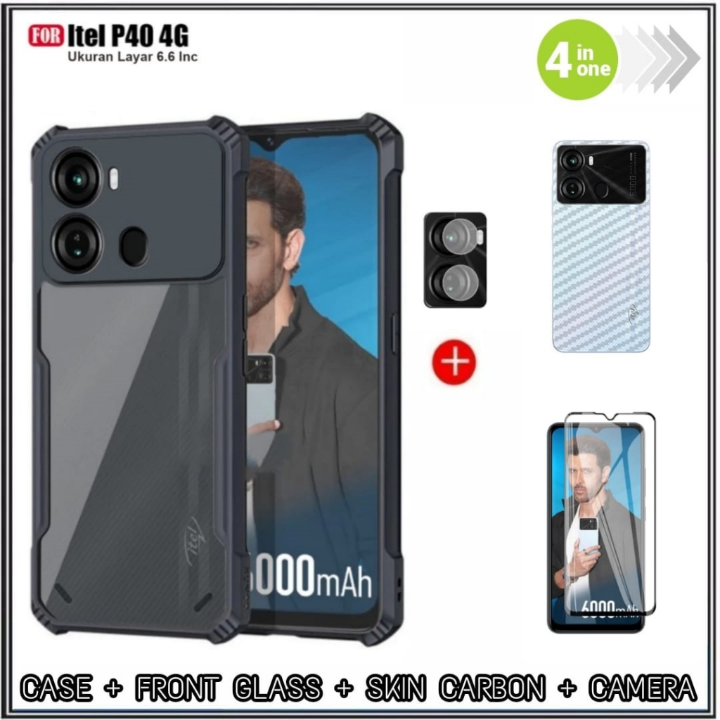 4in1 กรณีแพคเกจ Itel P40 4G ปลอกโปร่งใสฟรีกระจกนิรภัย Mondi Store