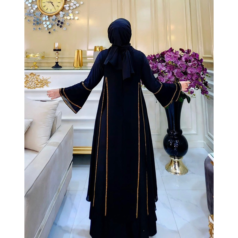 HITAM TURKEY ABAYA GAMIS BLACK SEQUENCE SWAROVSKI GOLD HAND TRUMPET SIMPLE ELEGANT