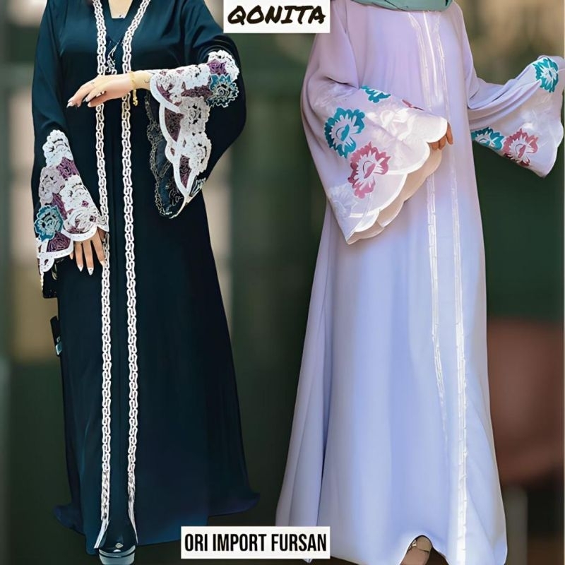 Putih HITAM Abaya ORI QONITA EMBROIDERED WIDE SLEEVE รุ่น FURSAN AVAILABLE 2 สี BLACK & WHITE ALKATI