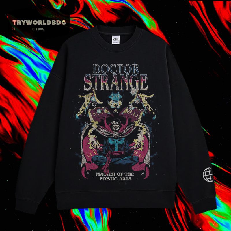 TRYWORLDBG อย่างเป็นทางการ "DOCTOR STRANGER" CREWNECK | เสื้อกันหนาว | เสื้อฮู้ดดี้ | BLACK CREWNECK